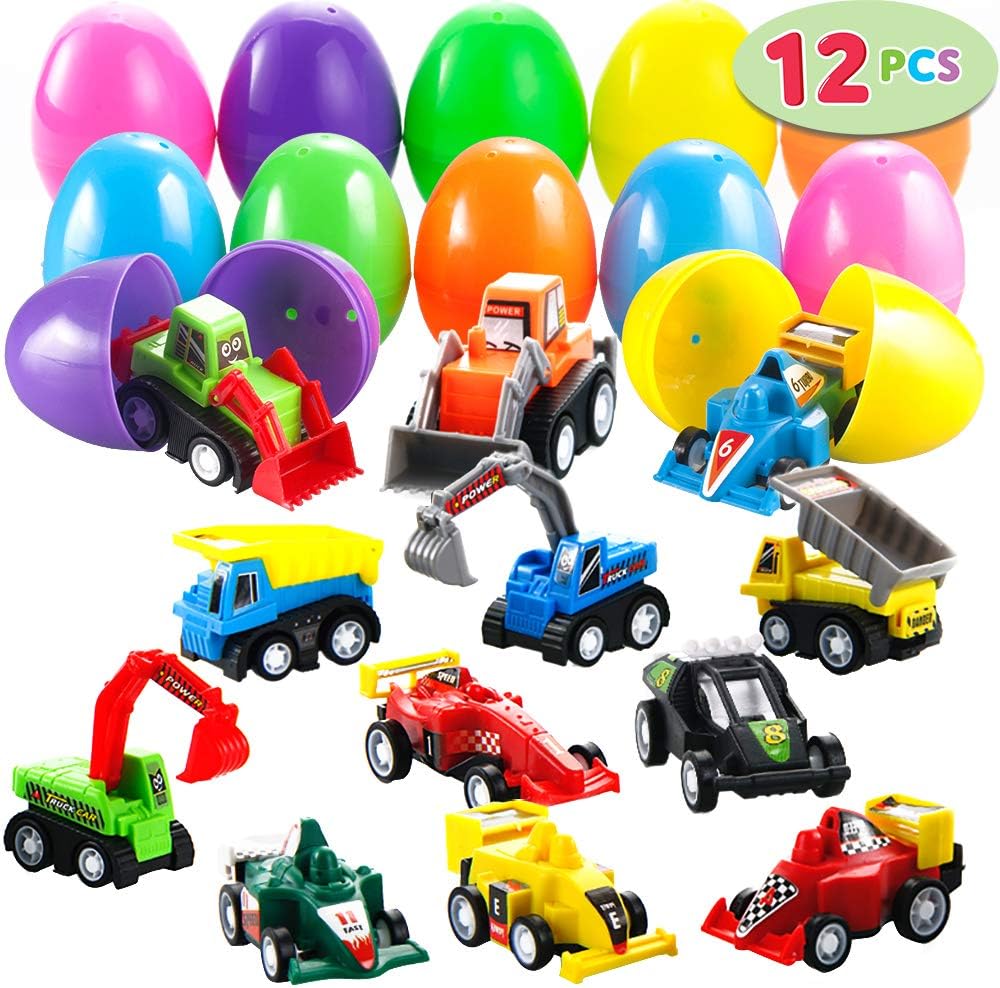 JOYIN 12 Pcs Filled Easter Eggs with Toy Cars, Colorful Prefilled Pull Back Construction Vehicle and Race Car for Kids Boys Hunt, Basket Stuffers, Party Favors