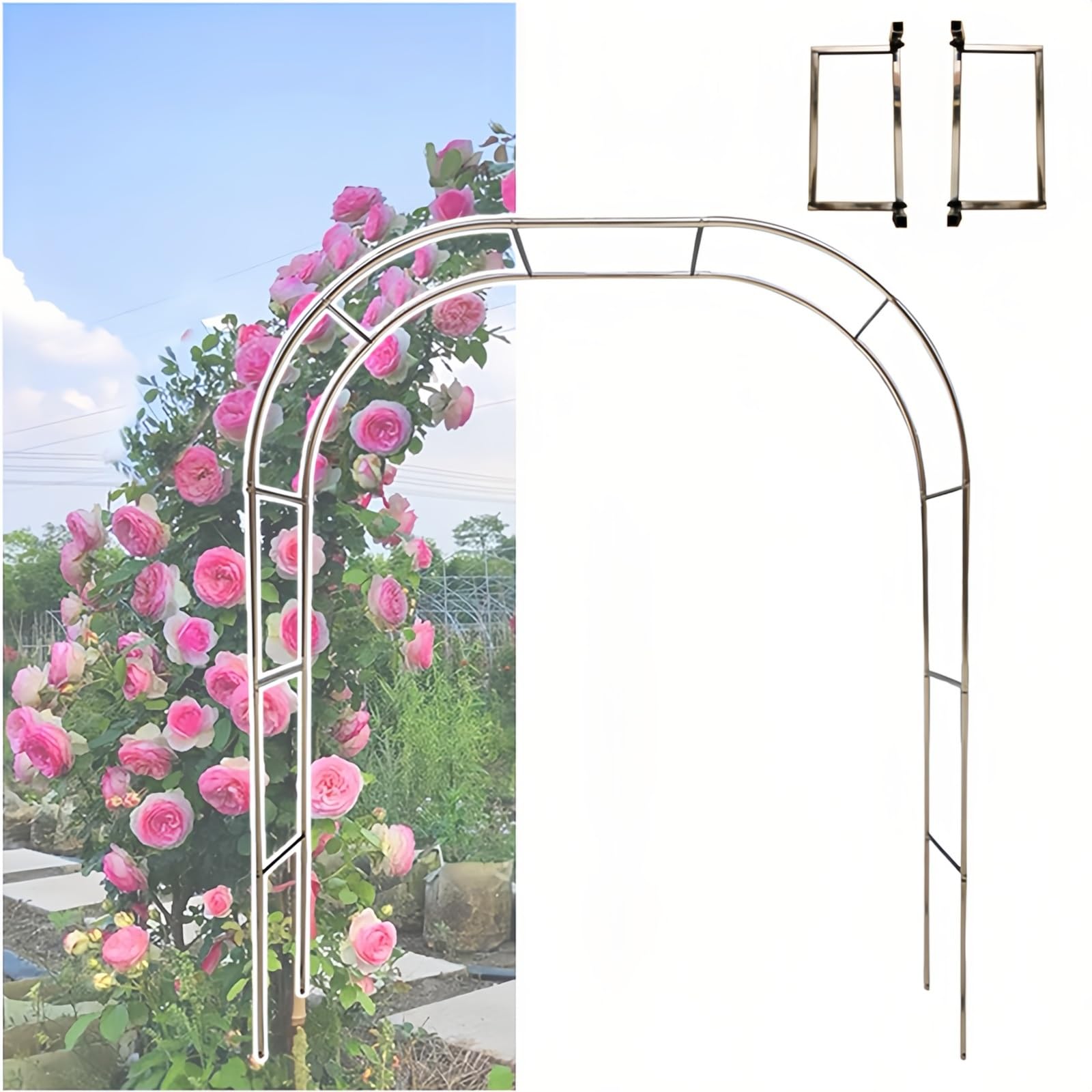 Arco per rose da giardino in acciaio inox, per interni ed esterni, stabile e resistente alle intemperie, con base, arco nuziale/pergolato da giardino (180 x 240 cm)