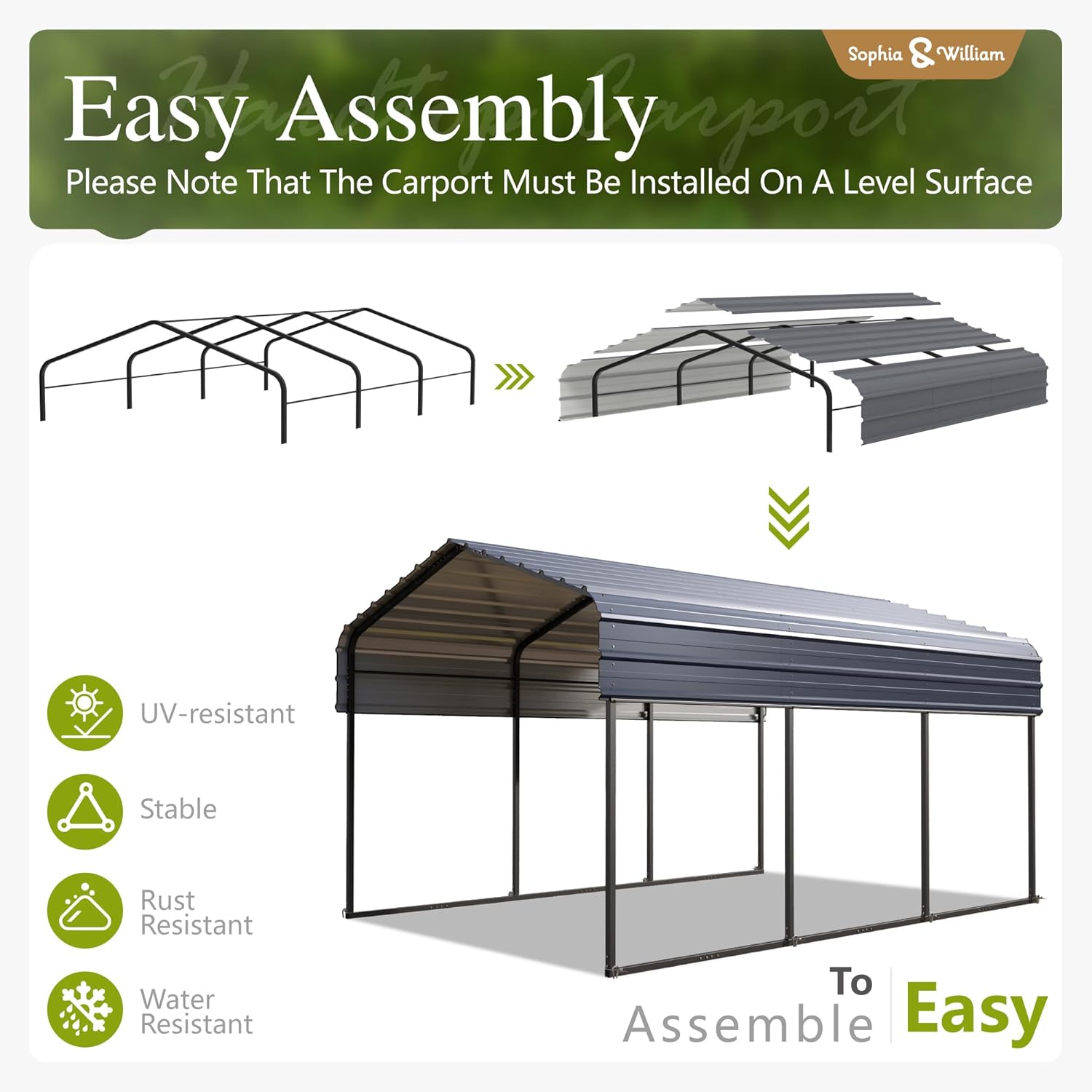 Sophia & William Carport Car Port Metal Canopy 10x15 ft Heavy Duty for Snow, Portable Garage Kit Shed Tent Shelter Metal Frame All Weather Outdoor for Boat with Anti-Leak Seam Taped, Dark Grey - Image 9