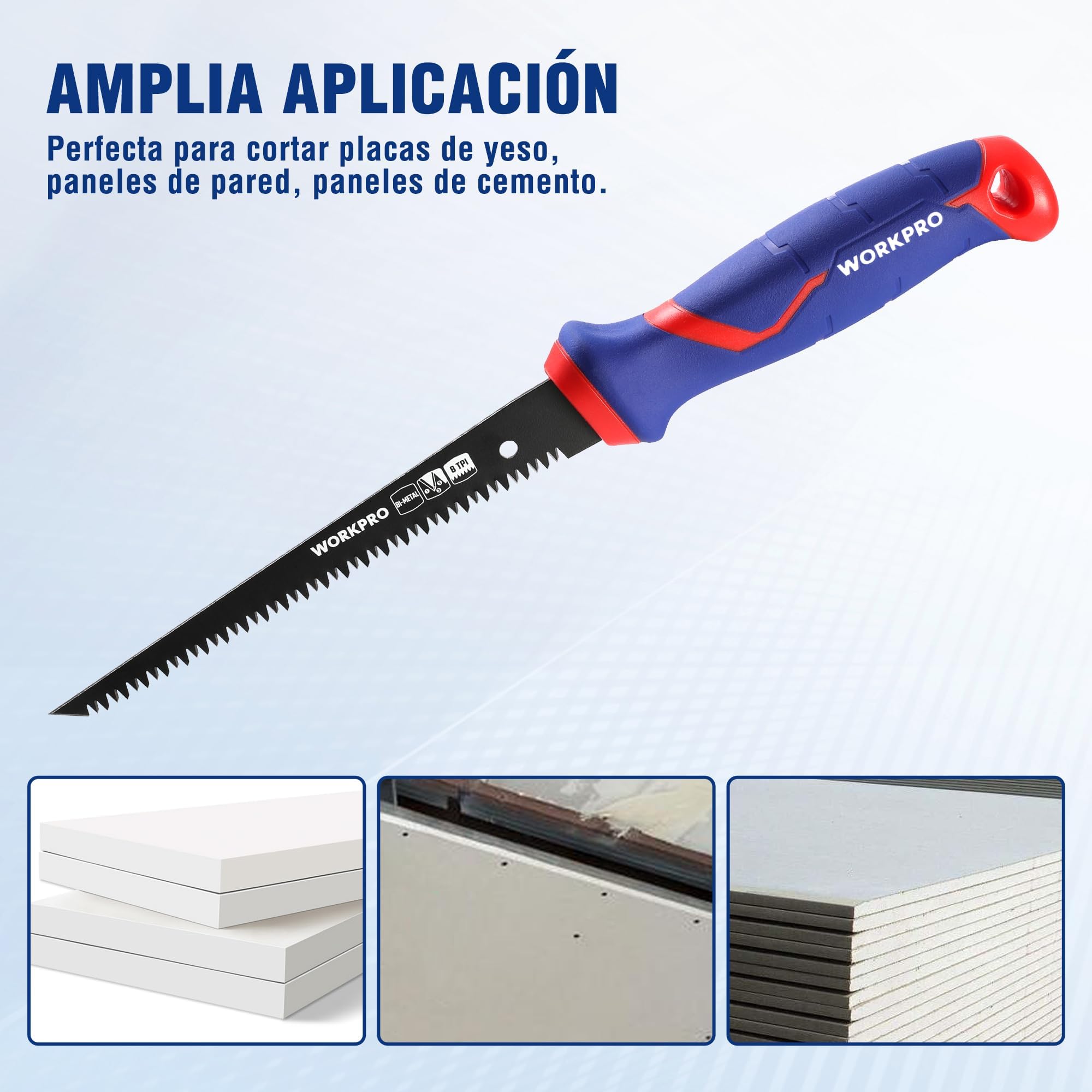 WORKPRO Sierra Bimetálica 310mm, Hoja D6A+M2 de 8 TPI, Agujero de Colgar, Ideal para Cortar Yeso, Madera y PVC, Paneles Finos