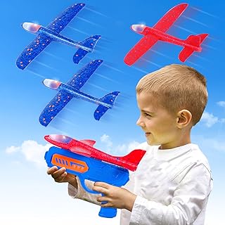 Kids Toys for Boys Girls 6-10 Years,Refasy 3 Pack Airplane Launcher Toy with LED Light 2 Flight Mode Glider Plane Foam Airplanes for Kids Catapult Plane Toys Outdoor Games Gift Toys