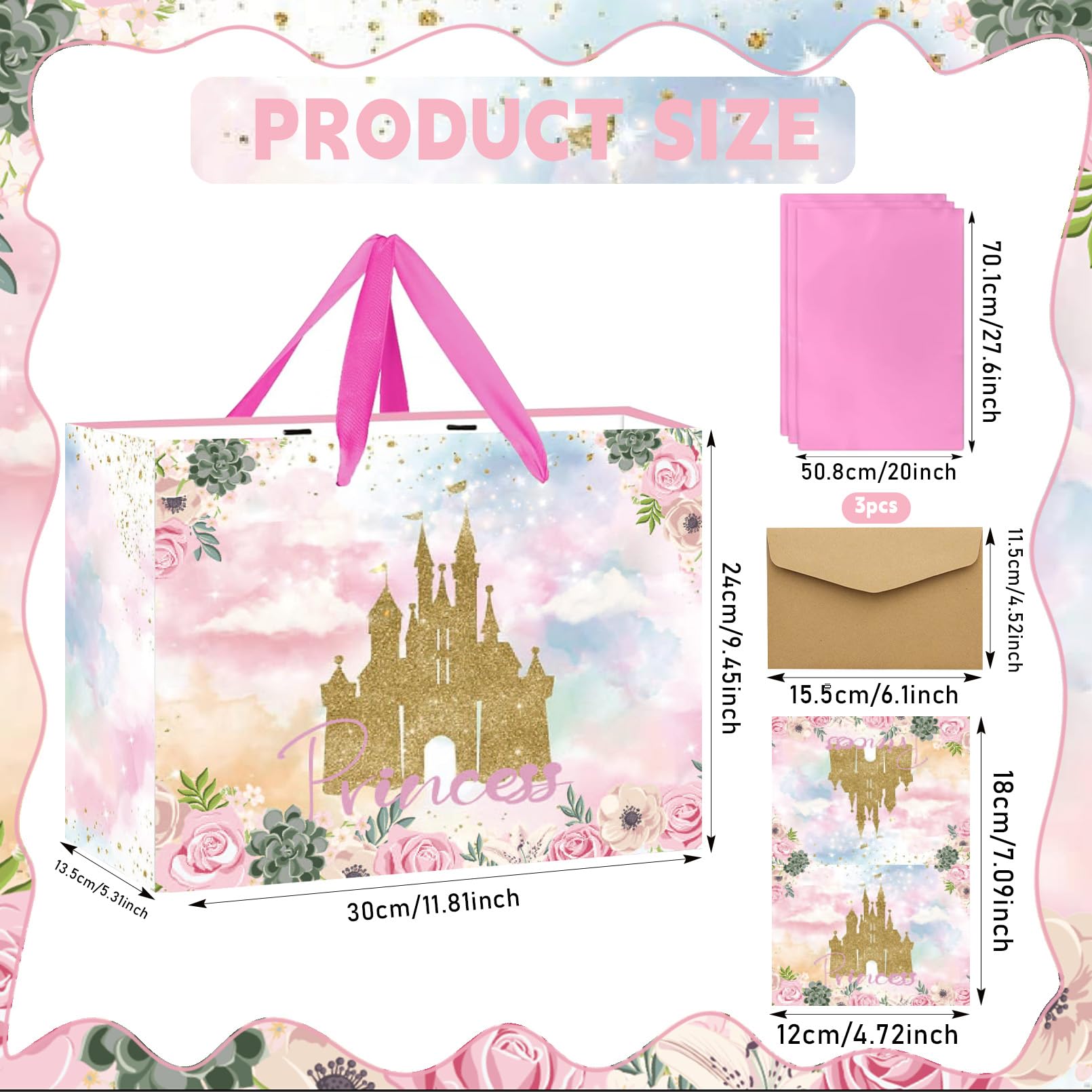 Large Princess Gift Bag Princess Castle Party Favor Bag with Tissue Paper and Cards Princess Candy Goodie Bags Prince Princess Treat Gift Wrapping Paper Bags for Girl Birthday Party Decorations