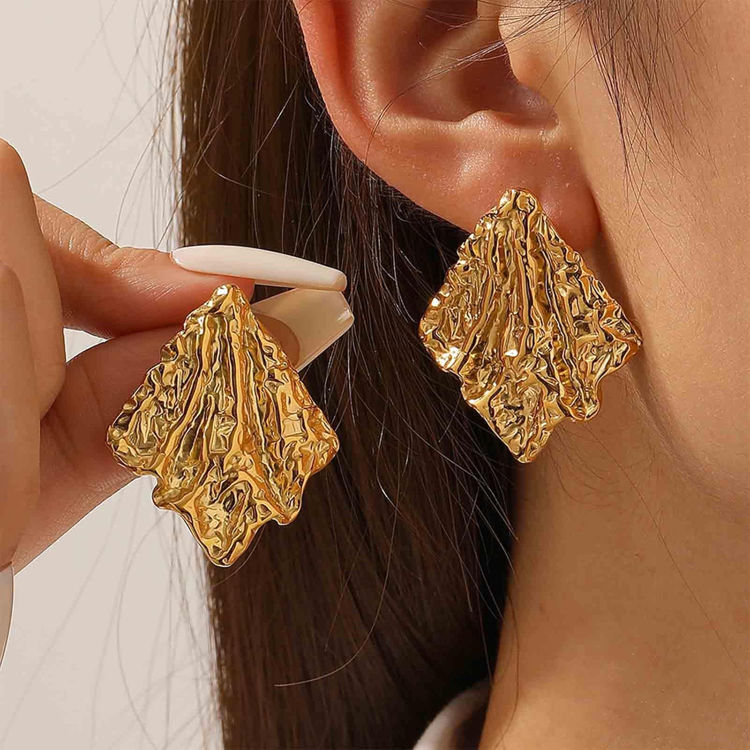 Andelaisi Boho Square Stud Earrings Vintage Textured Square Earrings Gold Geometric Squares Earrings Personalized Irregular Squares Earrings Jewelry for Women - Image 4