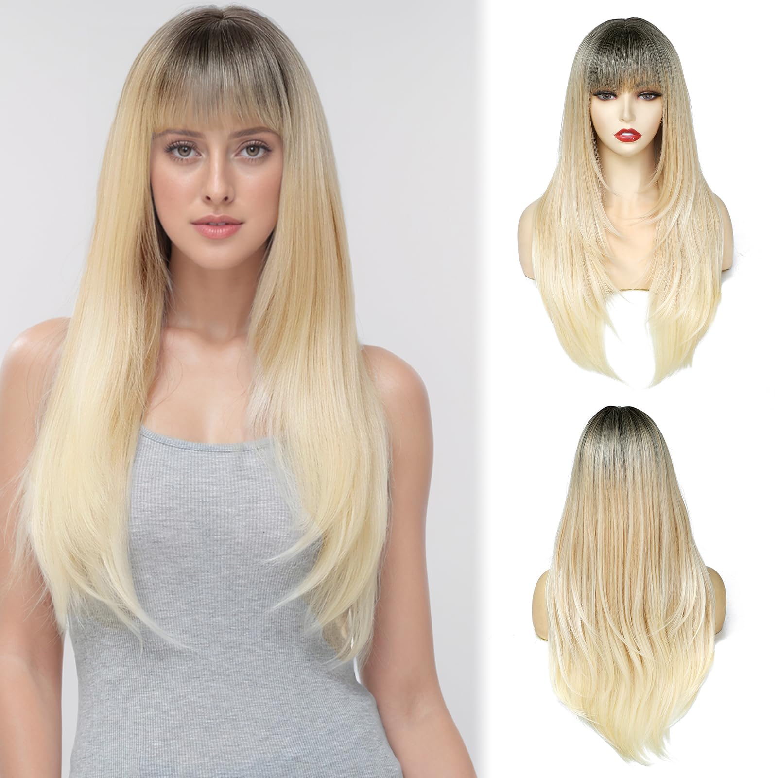 Yamel Hair Wigs with Fringe Ombre Blonde 24 Inch Adjustable Cosplay or Daily Natural Straight Long Wigs for Women Lady