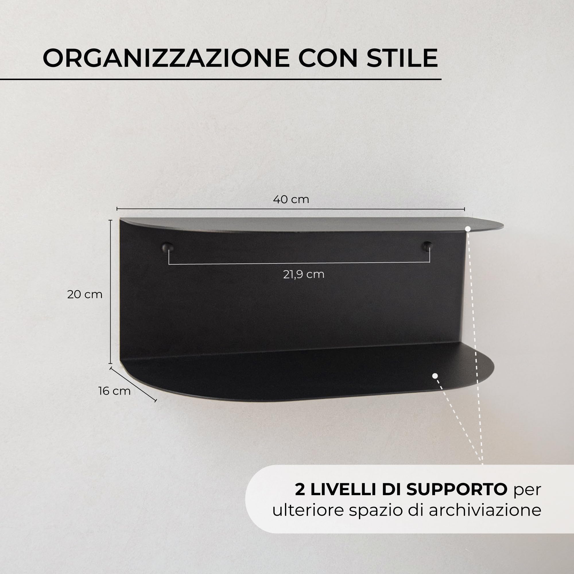 MILUKA Set da 2 Comodini Camera da Letto Moderni da 40 x 20 cm | Comodino Sospeso Nere, 2 Livelli | Mensole da Muro Versatile come Comodino Piccolo, Consolle Ingresso