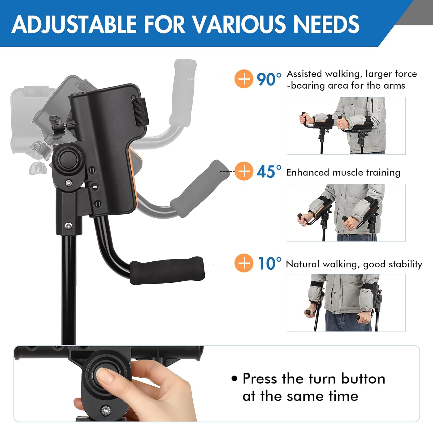 carehofu 3-angle adjustable forearm crutches for adults - ergonomic non-slip handles with eva elbow support, foldable arm crutches forearm for leg injury, surgery recovery, disabled (1 pair) black+orange