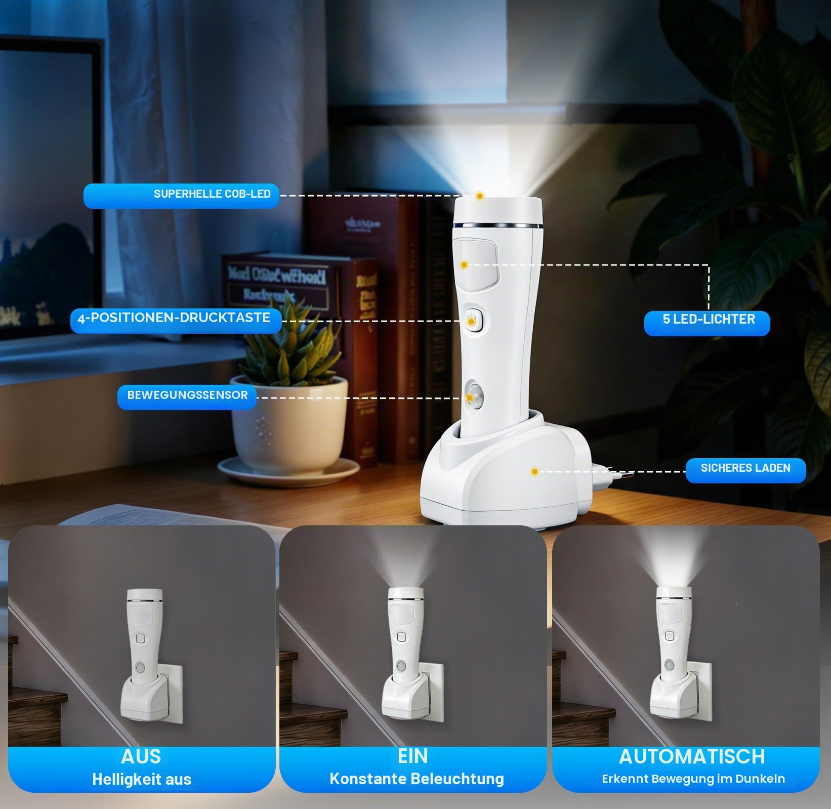 4-in-1 LED Wiederaufladbare Steckdosen-Taschenlampen, 2er-Pack LED Notlichter für Stromausfall im Haushalt, Steckdosen-Notfallleuchte, Stromausfall-Lampe mit Bewegungssensor