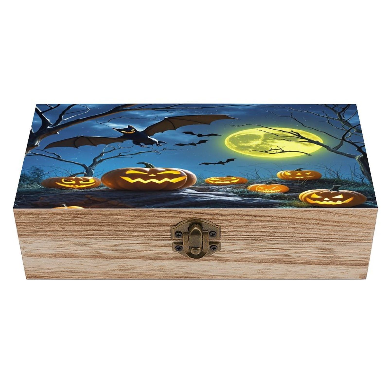 LZQPOEAS Bats And Pumpkins Wooden Box Storage Space to Organize Jewelry in A Beautiful Small Storage Box Decorative Card Boxes Memory Treasure Boxes for Crafts And Photo Storage