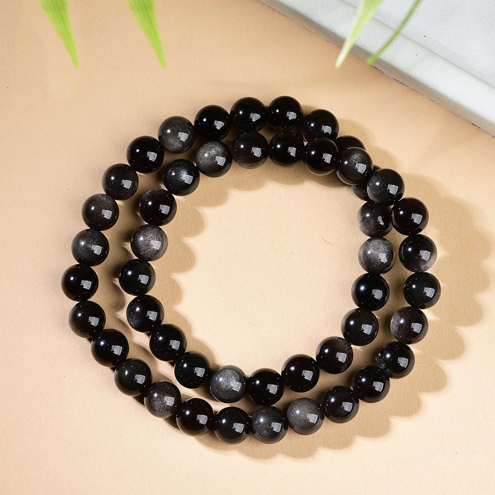 Bracciale in Ossidiana Nera Naturale, Bracciale Elasticizzato in Vero Vetro vulcanico per la Messa a Terra di Protezione, Gioielli in Pietra Regolabili per Uomini e Donne,Nero,6MMB