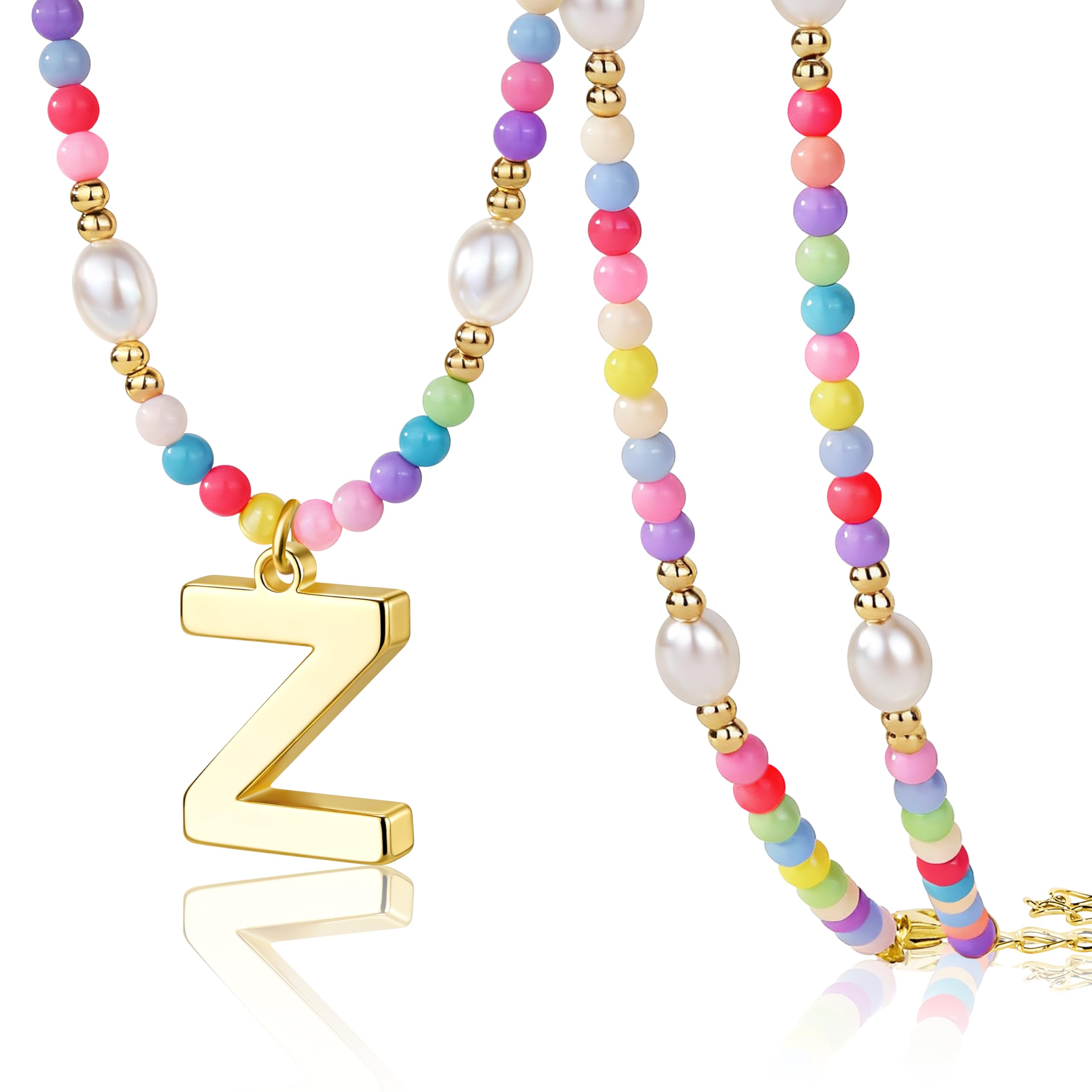 Colorful Initial Necklace for Girls – Trendy Dainty Beaded Choker with Letter Pendant, 14K Gold Plated, Cute Personalized Jewelry Gift for Kids, Teens, Women, Birthday, Christmas, Lockets