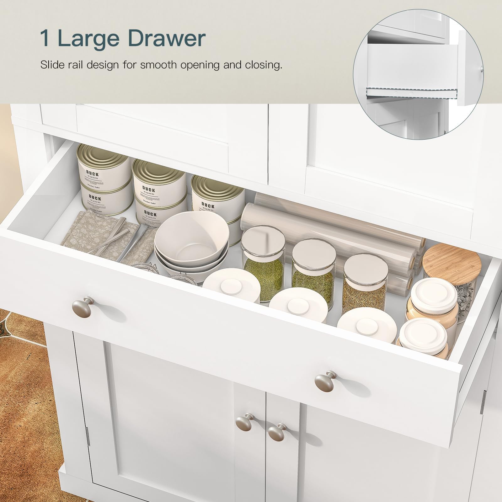 TEENFON 72” Pantry Cabinet, Tall Kitchen Storage Cabinet with 4 Doors and 1 Drawer, Cupboard with 6 Hanging Shelves and Adjustable Shelves for Kitchen, Dining Room, Living Room, White - 5