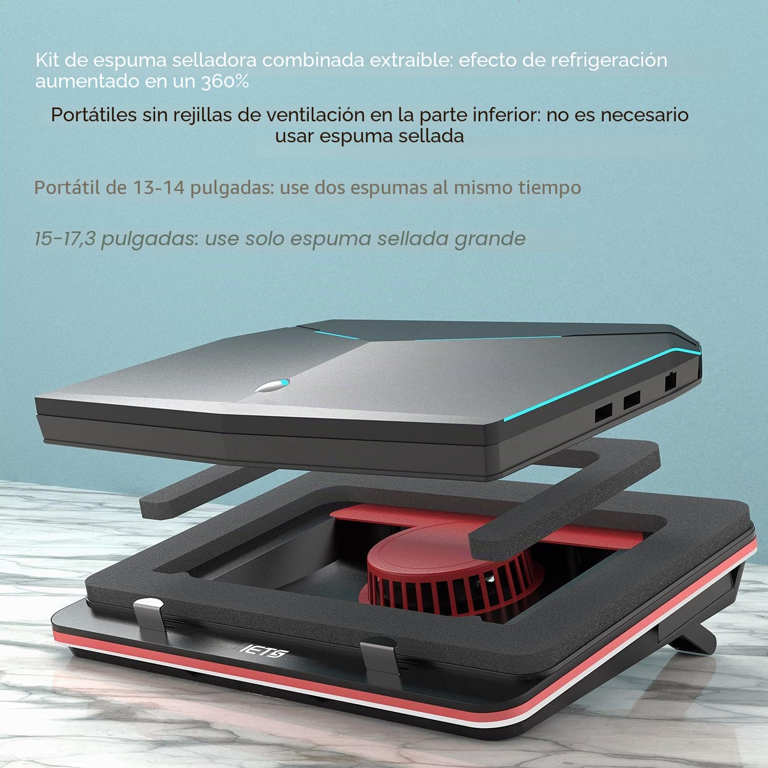 IETS GT500 Potente ventilador turbo (5000 rpm) almohadilla de refrigeración con velocidad continua, espuma de sellado para una refrigeración rápida para ordenador portátil gaming, 13-17,3 pulgadas con