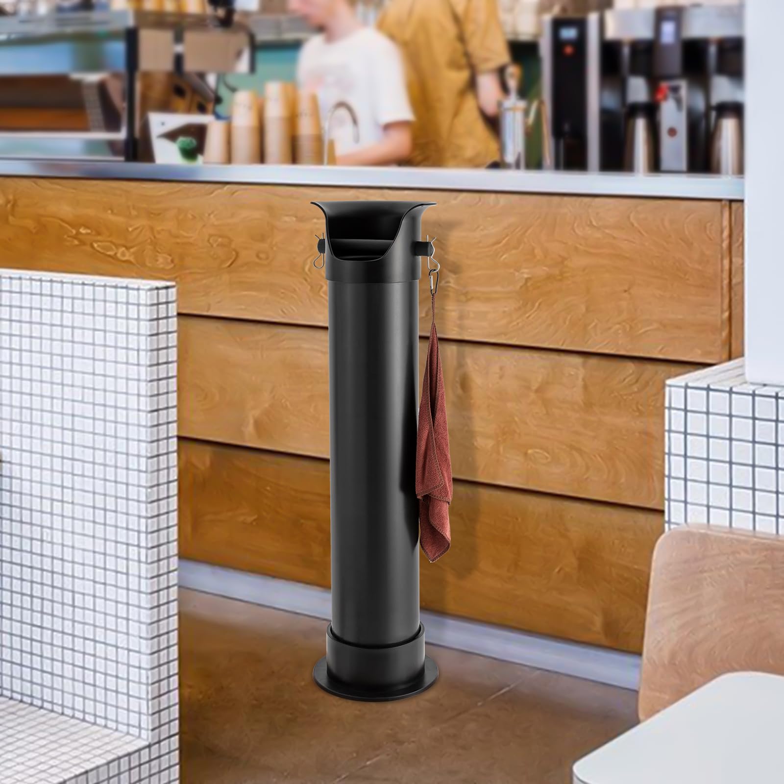 Knock Box for Espresso Coffee Grounds, Coffee Knock Box with Non-Slip Base & 2 Hooks, 18L Large Capacity Espresso Dump Bin, Commercial Floor Standing Knockbox for Kitchen, Coffee Shop, Bar (Black)