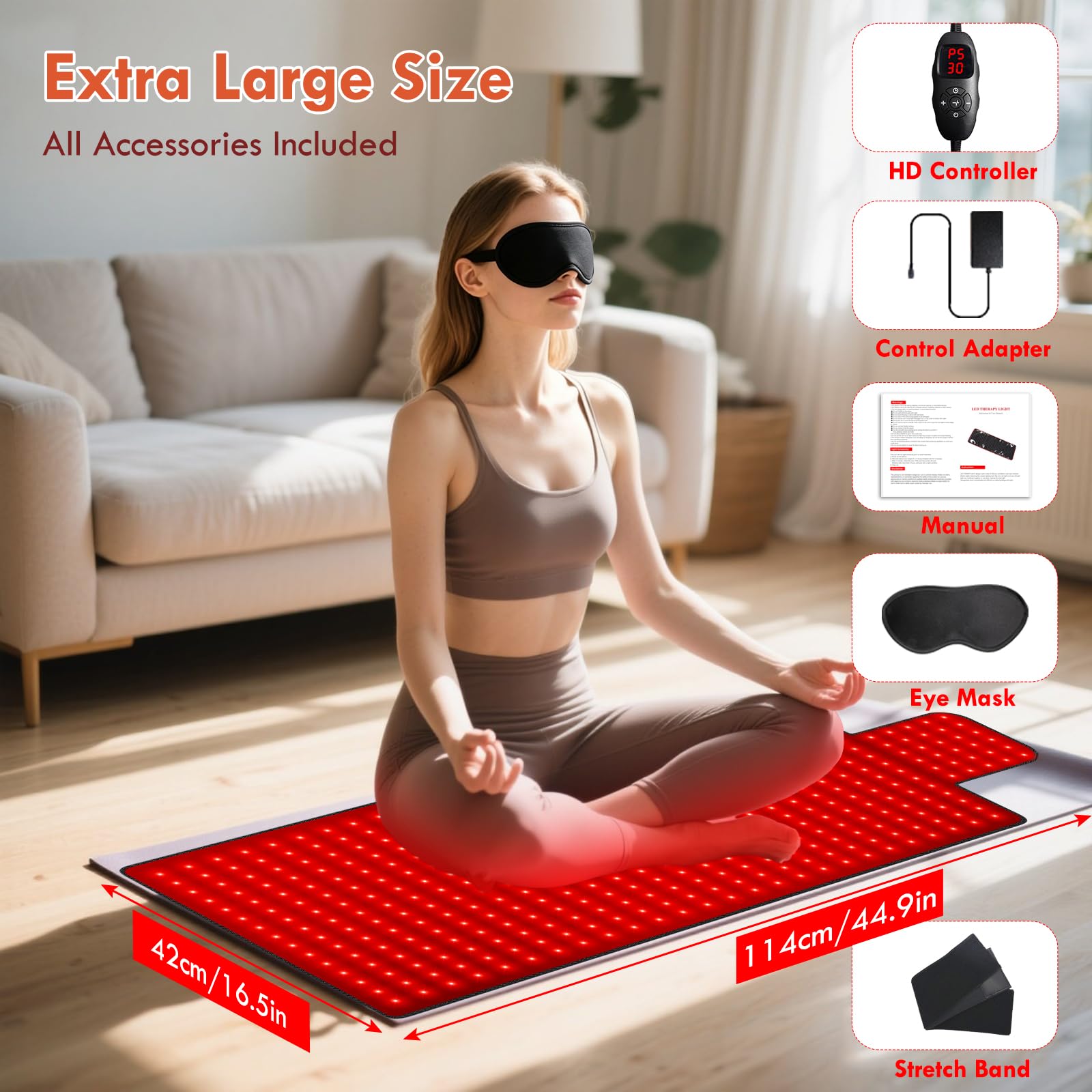 42" x 16" Rotlichtmatte für den Körper, 420 LEDs, Infrarot Lichtpad mit Zwei Wellenlängen (660 nm & 850 nm) für Rücken, Schultern und Bauch, Hochwertiges Leder, 9 Timer und 5 Helligkeitsstufen, 3 Modi