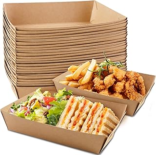 HAKACC Party Food Trays, 50 Pack Paper Plates, Take Away Food Boxes, Cardboard Serving Tray Water Oil Proof for Chips Burger BBQ Birthday Camping Party 18x13cm