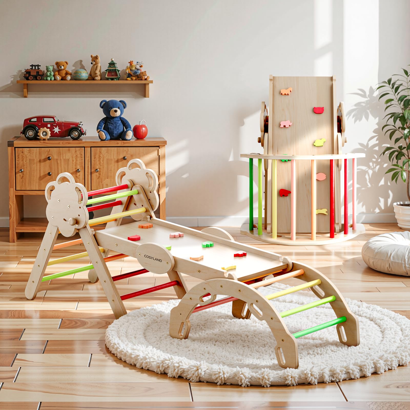 COSYLAND Set Arrampicata per Bambini 8-in-1, L, Colori Caldi | Con triangolo da arrampicata, arco educativo, scivolo e rampa, struttura pieghevole salvaspazio, adatto da 18 mesi-6 anni