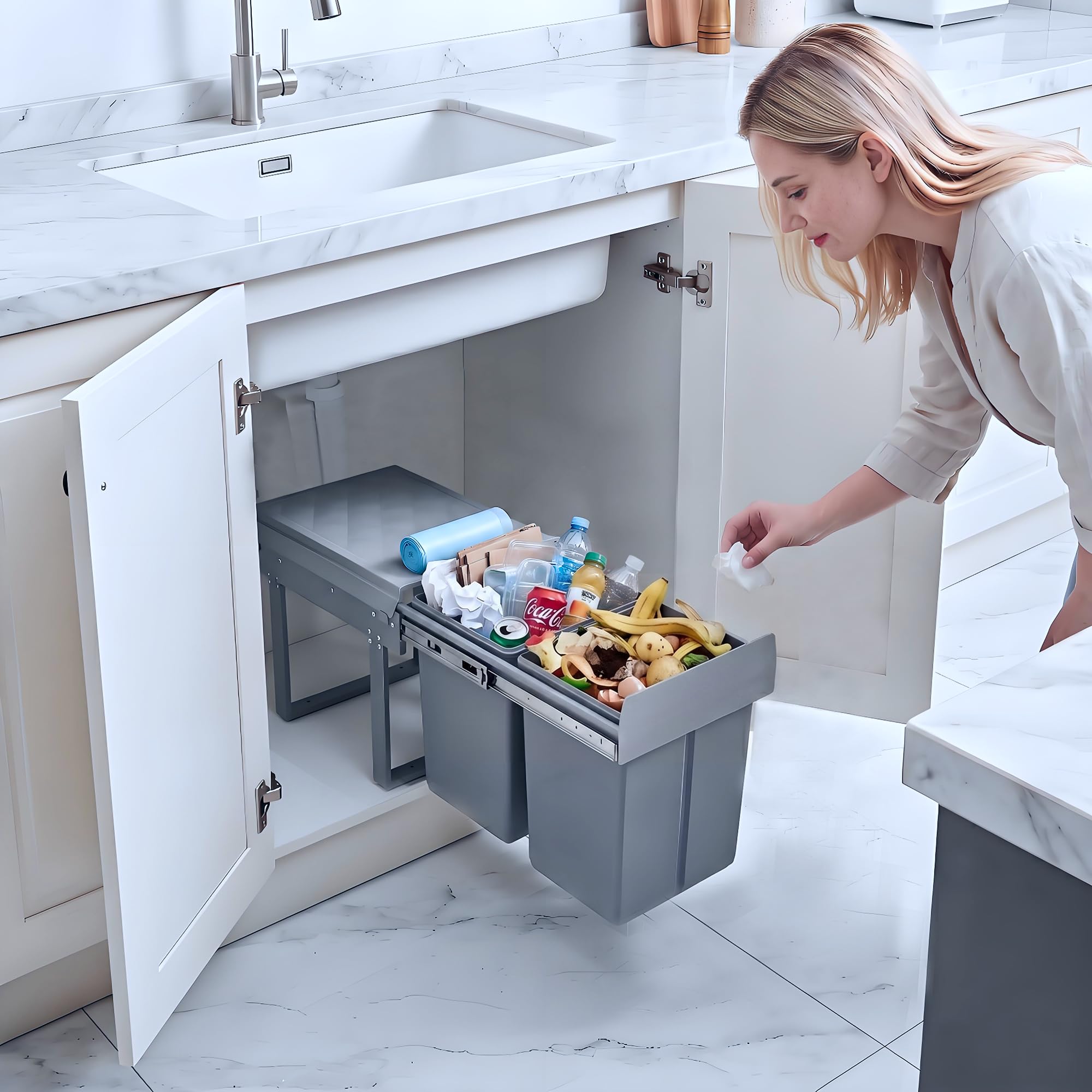 Einbaumülleimer Küche 2 Fächer (20L+10L) 48x33x35cm Mülleimer Grau | Mülltrennsystem für schmale Schränke, 5-Punkt-Verstärkung, ausziehbarer Unterschrank-Mülleimer, Abnehmbarer Deckel