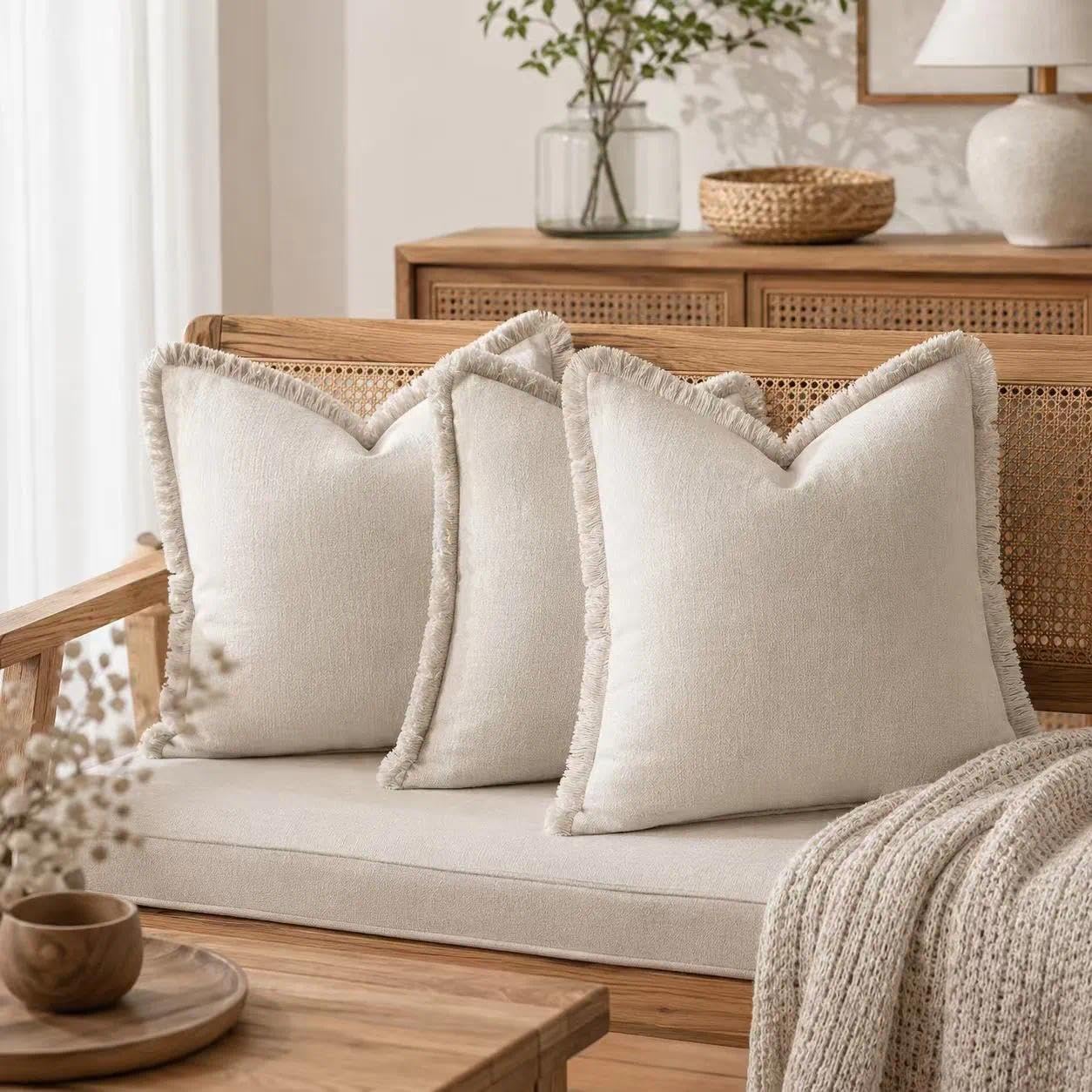 2er Set neutralen Baumwolle Quasten Kissenbezug,Kissenbezug Boho,Kissenbezug 50x50 Beige,Dekorative Leinen-Kissenbezüge,Boho-Stil mit Fransen,für Couch Sofa Schlafzimmer Wohnzimmer Heimdekoration