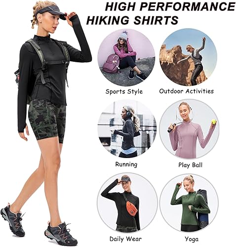 Miniatura 5 de Camiseta deportiva ligera de manga larga con cremallera de 14 para mujer, de secado rápido, con agujero para el pulgar, ajuste entallado