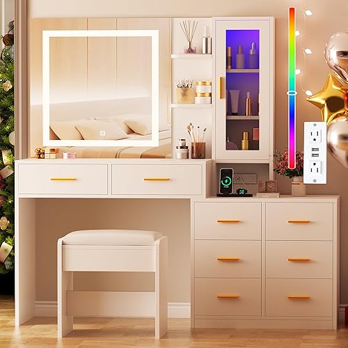 ANWBROAD 51.8" Vanity Desk with Mirror and Lights Makeup Vanity Desk with Lights 3 Colors Large White Vanity Dresser Combow RGB 8 Drawers with Charging Station Stool Shelves for Girls Women UBDT77W