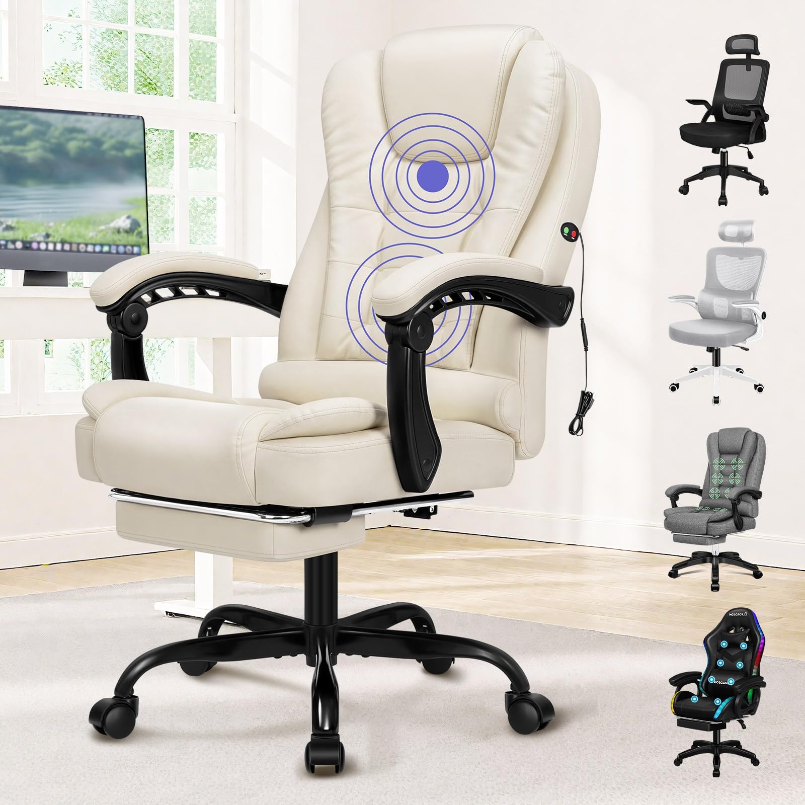ELFORDSON Massage Office Chair for Home Office, Executive Desk Chair 77 cm High Back 150° Recliner Tilt Function Padded Swivel, PU Leather, Cream/Beige