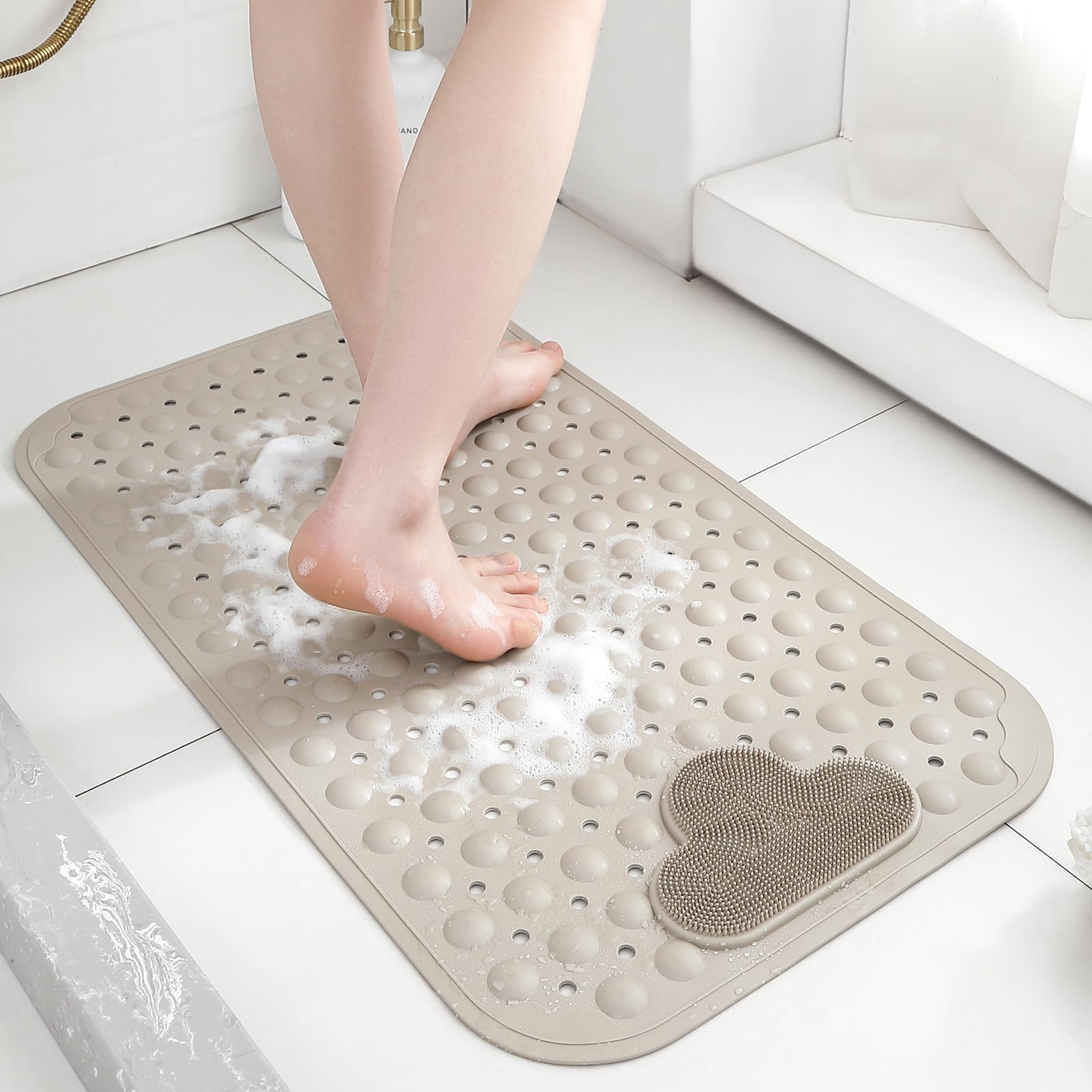 XIYUNTE Shower Mat Non Slip Anti Mould for Elderly, 70 x 40cm Non Slip Shower Mat for Inside Shower with Foot Massage, Bath Mat Anti Mould with Suction Cup, Easy to Clean, Brown