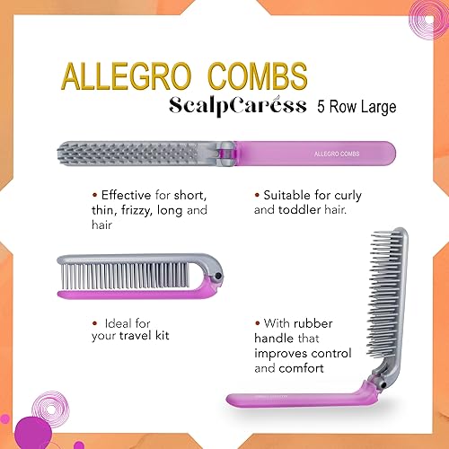 Miniatura 6 de Allegro Combs ScalpCaress cepillo desenredante mini cepillo plegable para mujeres y niños, ideal para cabello rizado, cerdas suaves. Cepillo apto