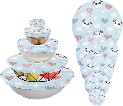 Pandas Hearts - 5 fundas elásticas reutilizables para tazones para almacenamiento de alimentos, tapas de tela elástica con 5 tamaños diferentes,