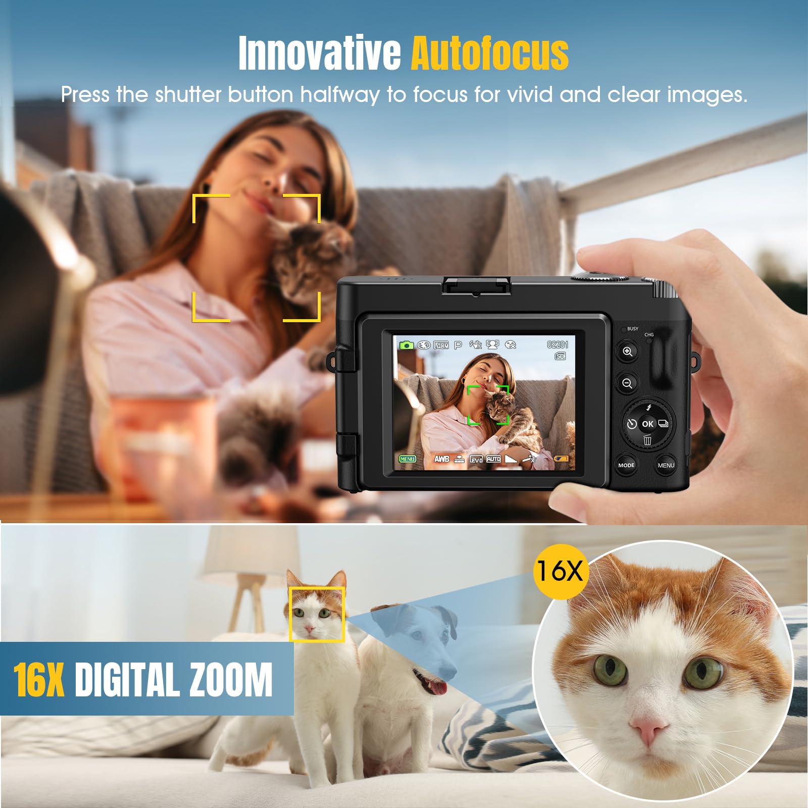Macchina Fotografica 4K 48MP Autofocus Fotocamera Digitale con Zoom 16X, Schermo Flip 180° Fotocamera Compatta con scheda di Memoria da 32G, Stazione di Ricarica, 2 Batterie per Principianti（Nero）