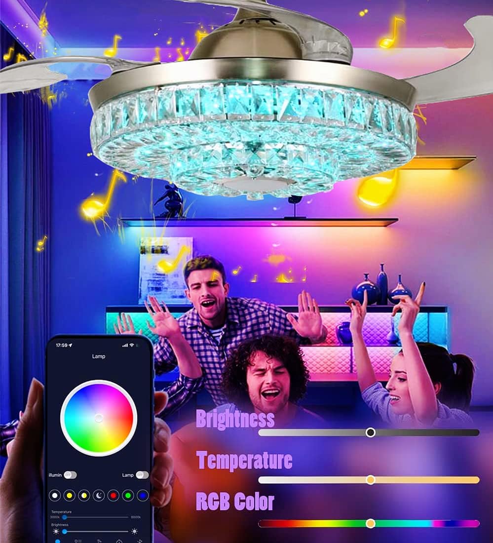 42" Crystal Ceiling Fan Light with Remote and Bluetooth Speaker, Retractable Fandelier 7 Color Dimmable Music Player LED Chandelier Fans with 3 Speeds for Bedroom Dining/Living Room