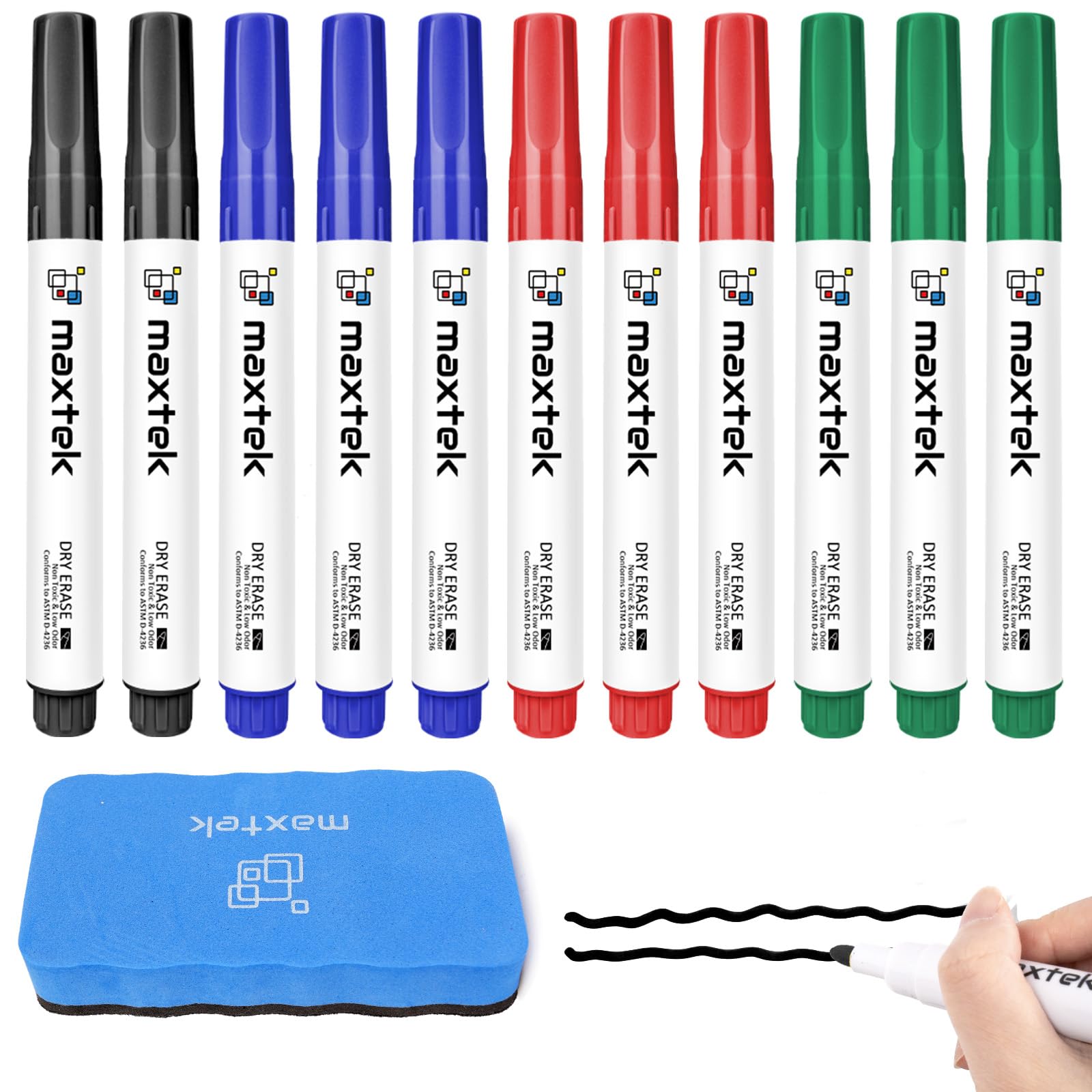 maxtek Whiteboard Pens Markers with Magnetic Eraser, 4 Colours White board Markers Erasable, Bullet Tip 2-3mm Lines, Low Odour Dry Wipe pens for School Office Home (Pack of 13)