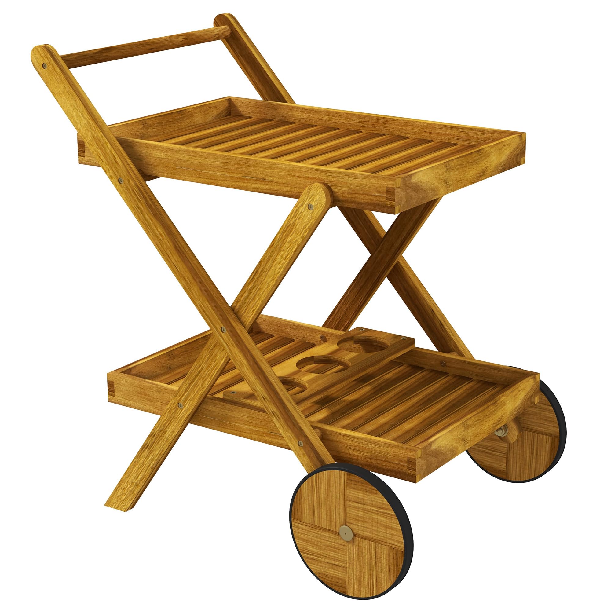 Outsunny Desserte de Jardin Chariot pour Barbecue en Bois avec 2 Plateaux, 3 casiers à Bouteilles et 2 Roues 52L x 71l x 74H cm Bois Naturel