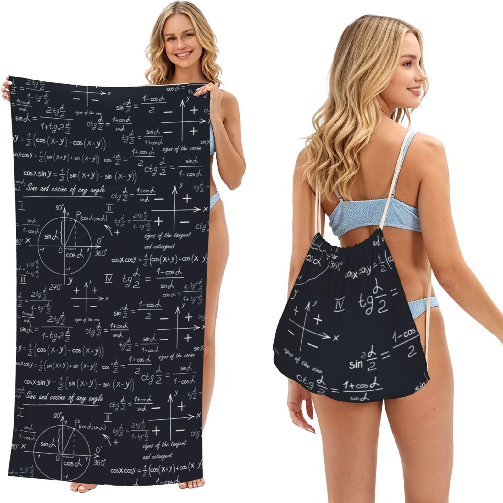 Poadnly As Picture Mathematical Seamless With Geometric Shapes Formulas, 2 In 1 Packable Towel Bag, Beach Towels With Drawstring Backpack For Travel Holiday Camping