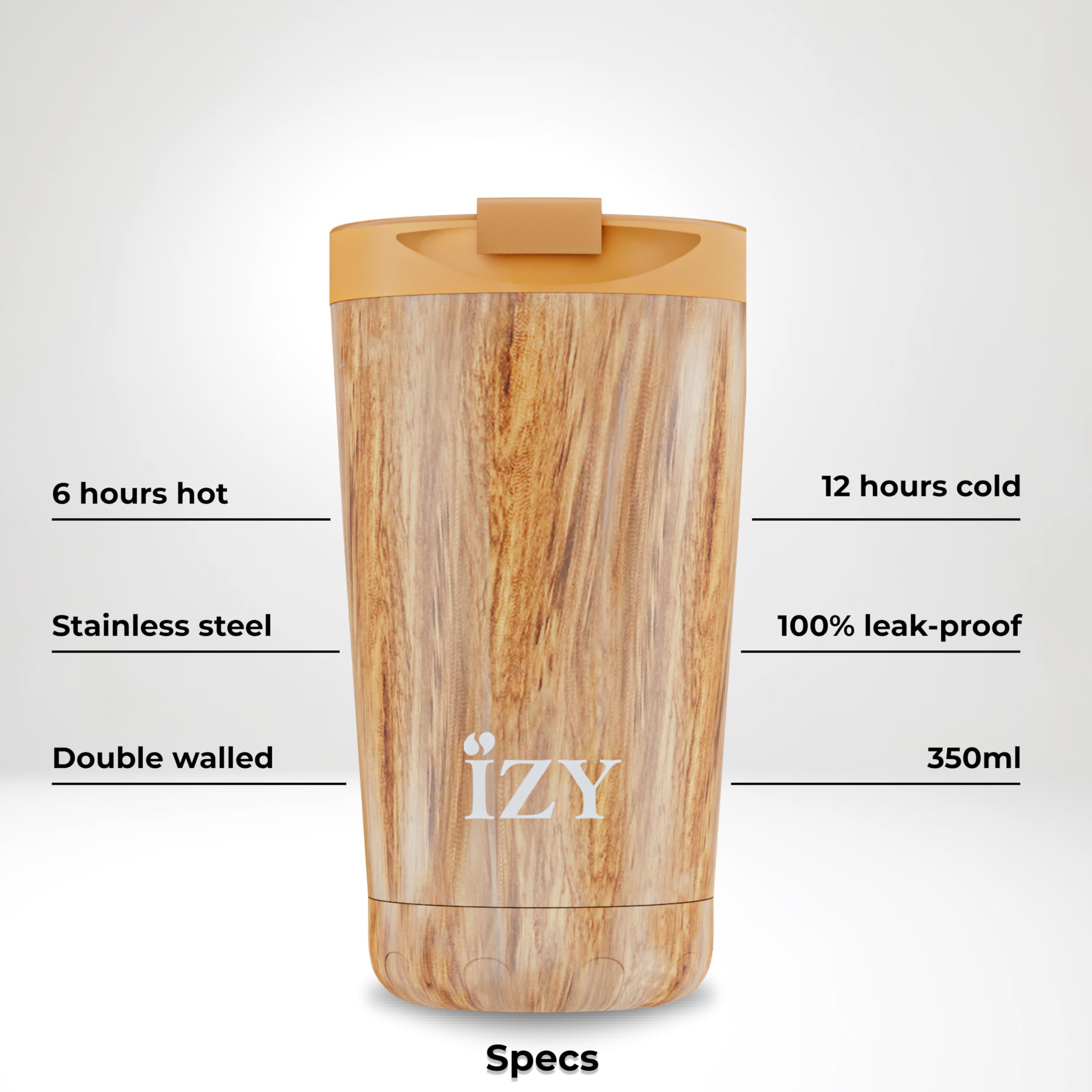 IZY Trinkflasche, Holzmaserung, Braun, Wasserspende, Thermoskanne, Kaffeebecher to go, Thermobecher, BPA-frei, Trinkflasche aus rostfreiem Stahl, Heiß oder kalt für 12 Stunden, 350 ml
