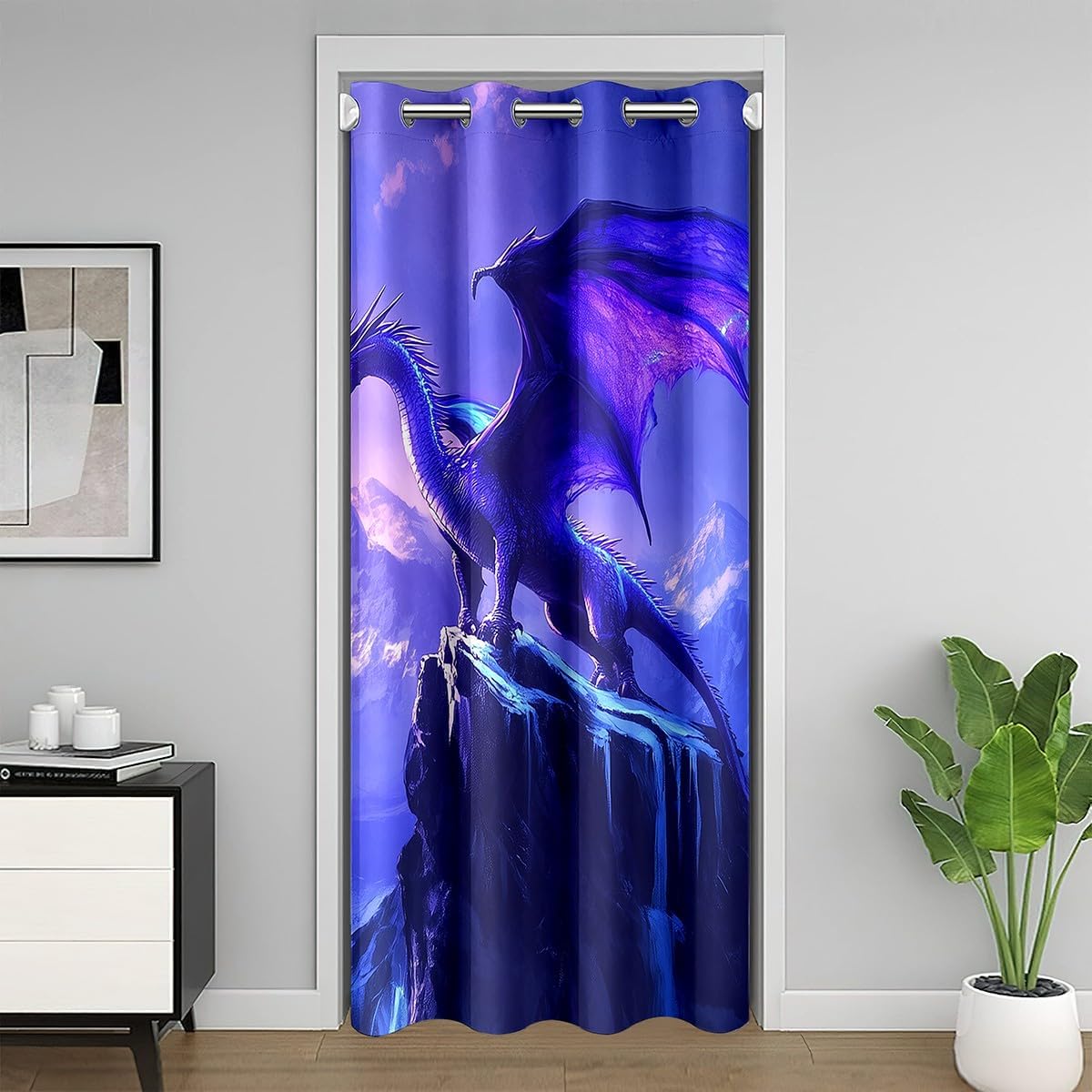 Castle Fairy Howling Dragon Door Curtain for Doorways Privacy Purple Aurora Sky Doorway Curtain Magical Fantasy Animal All Season Blackout Curtain Snowy Mountain Door Drape, 42" W X 84" L