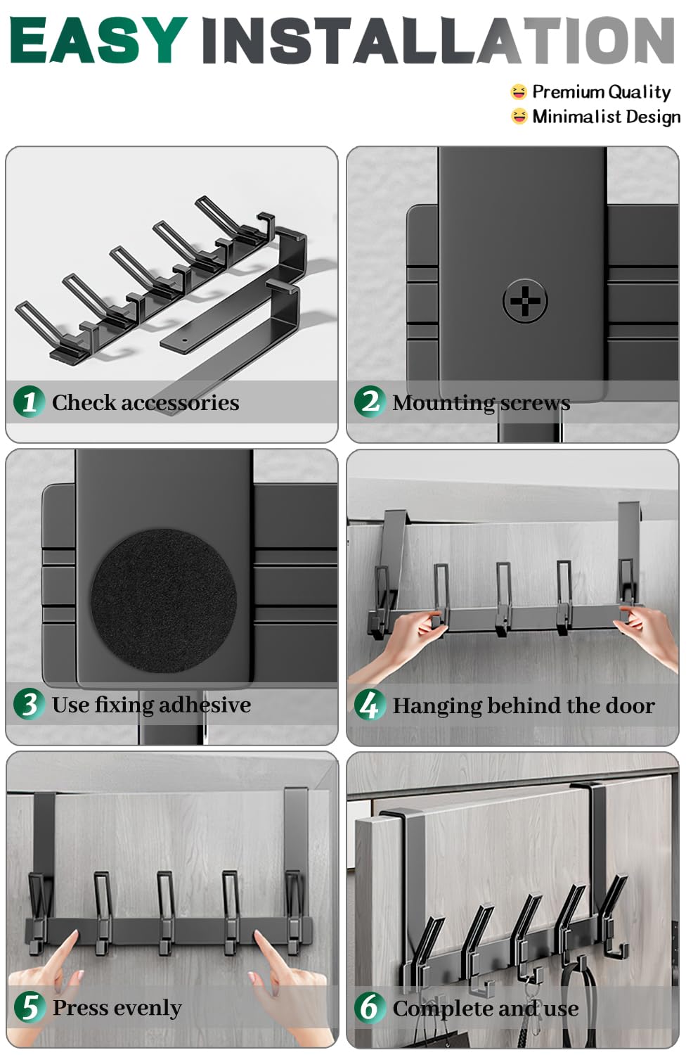 MIVITOOM Over Door Hooks, Over Door Towel Rack with 5 Hooks, Sturdy Hooks for Coats Hats, Bags, Clothes(Black) - Image 4