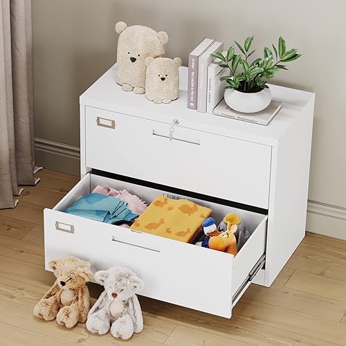 Vista 24 de MIIIKO Archivador lateral de 2 cajones con cerradura, archivador para oficina en casa, fácil de montar, archivador de almacenamiento de metal