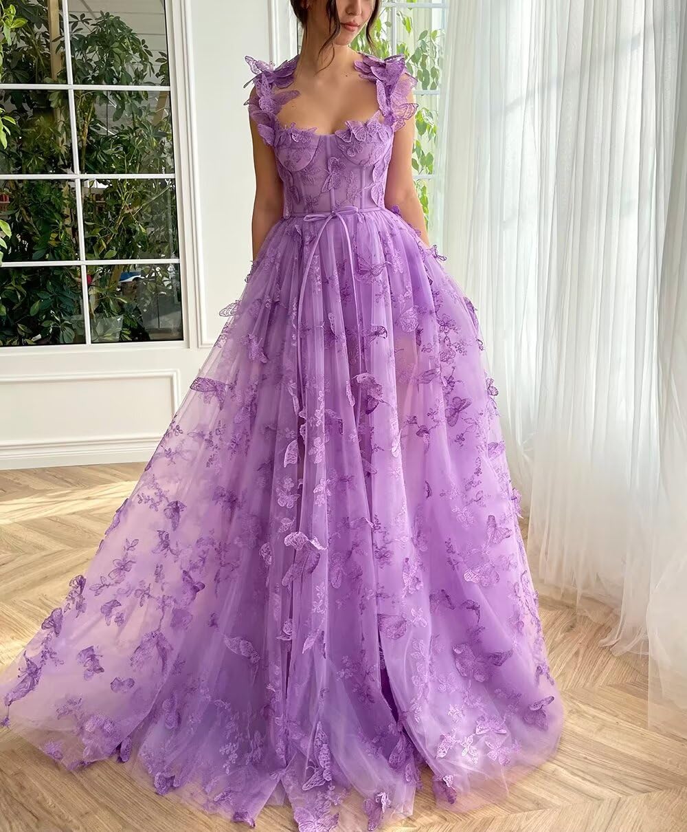 Eightale Vestido largo de tul con encaje y apliques de mariposa dividida en 3D, vestido formal de noche