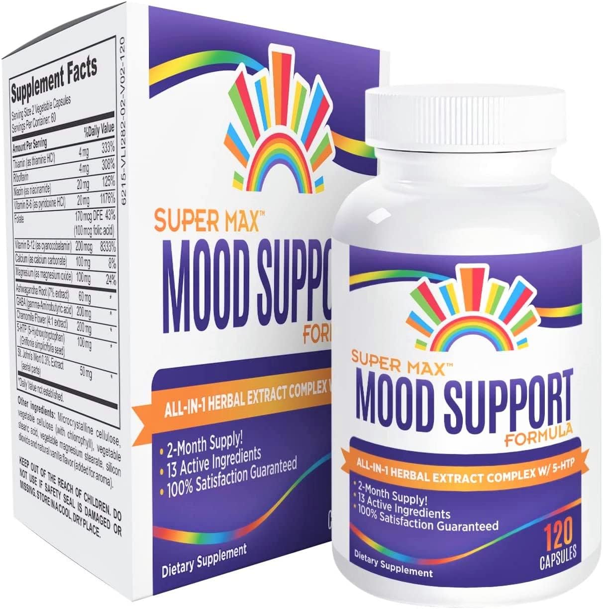 SuperMax Mood Support Supplement (2-Month Supply) with 13 Active Ingredients Including 5-HTP, Ashwagandha, GABA & St. John's Wort Extracts - Mood Enhancer Supplements & Vitamins - 120 Capsules