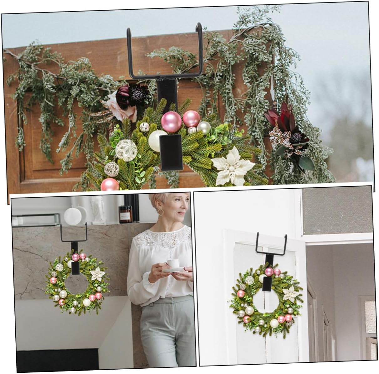 4pcs Black Iron Door Wreath Hangers Double Hooks Over The Door Wreath Holder for Christmas Garland and Holiday Decor