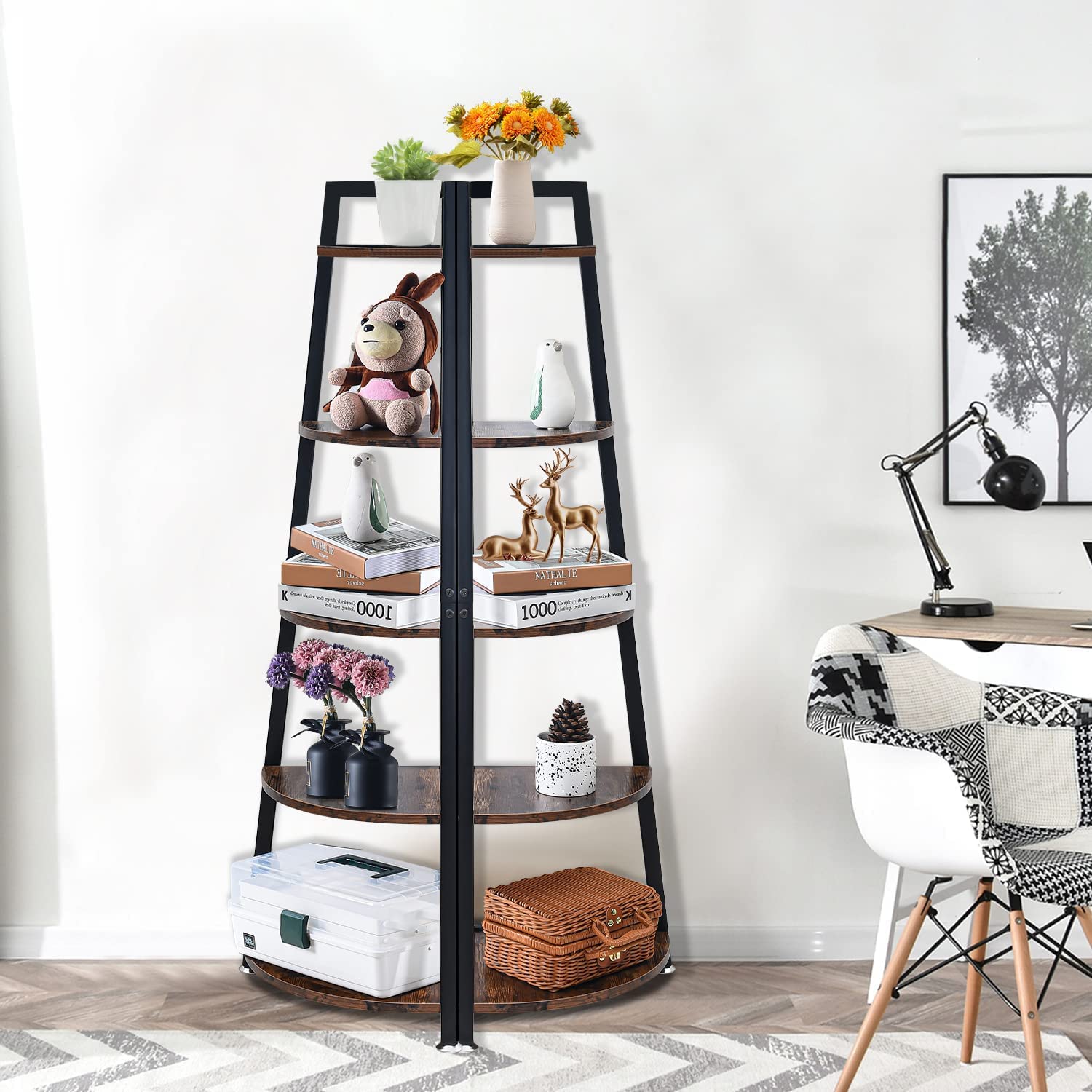 IBUYKE Ladder Shelf, 5-Tier Storage Organiser Shelves, 60x39.5x171cm, Plant Stand,Industrial Bookshelf, Living Room Bookcases, For Kitchen, Bedroom, On