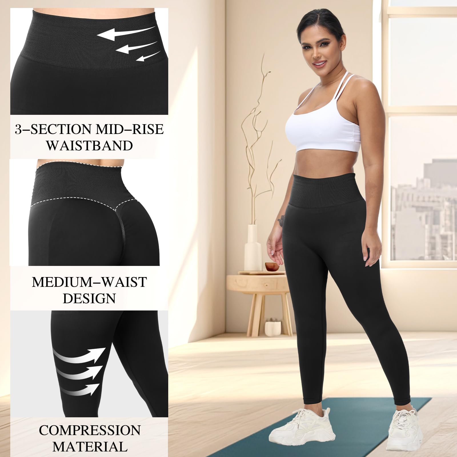 Coume Leggings da allenamento da donna, 3 pezzi, senza cuciture, a compressione, vita media