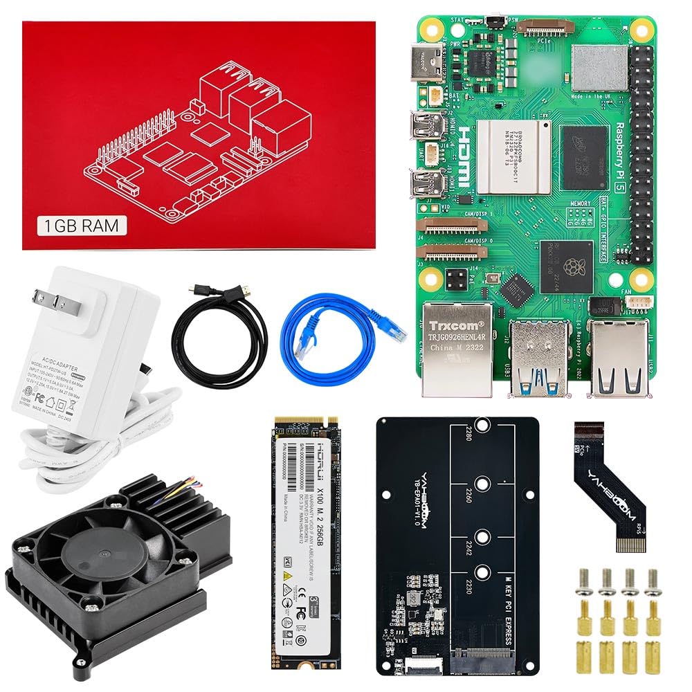 Yahboom Pi 5 1GB Starter Kit with 27W 5.1V/5A Power Adapter with Pcie to M.2 Adapter 256GB SSD Linux System