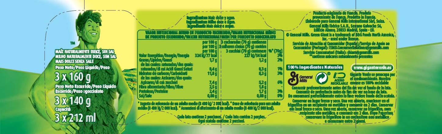 Gigante Verde Maíz Dulce Ligero, 3 x 160g