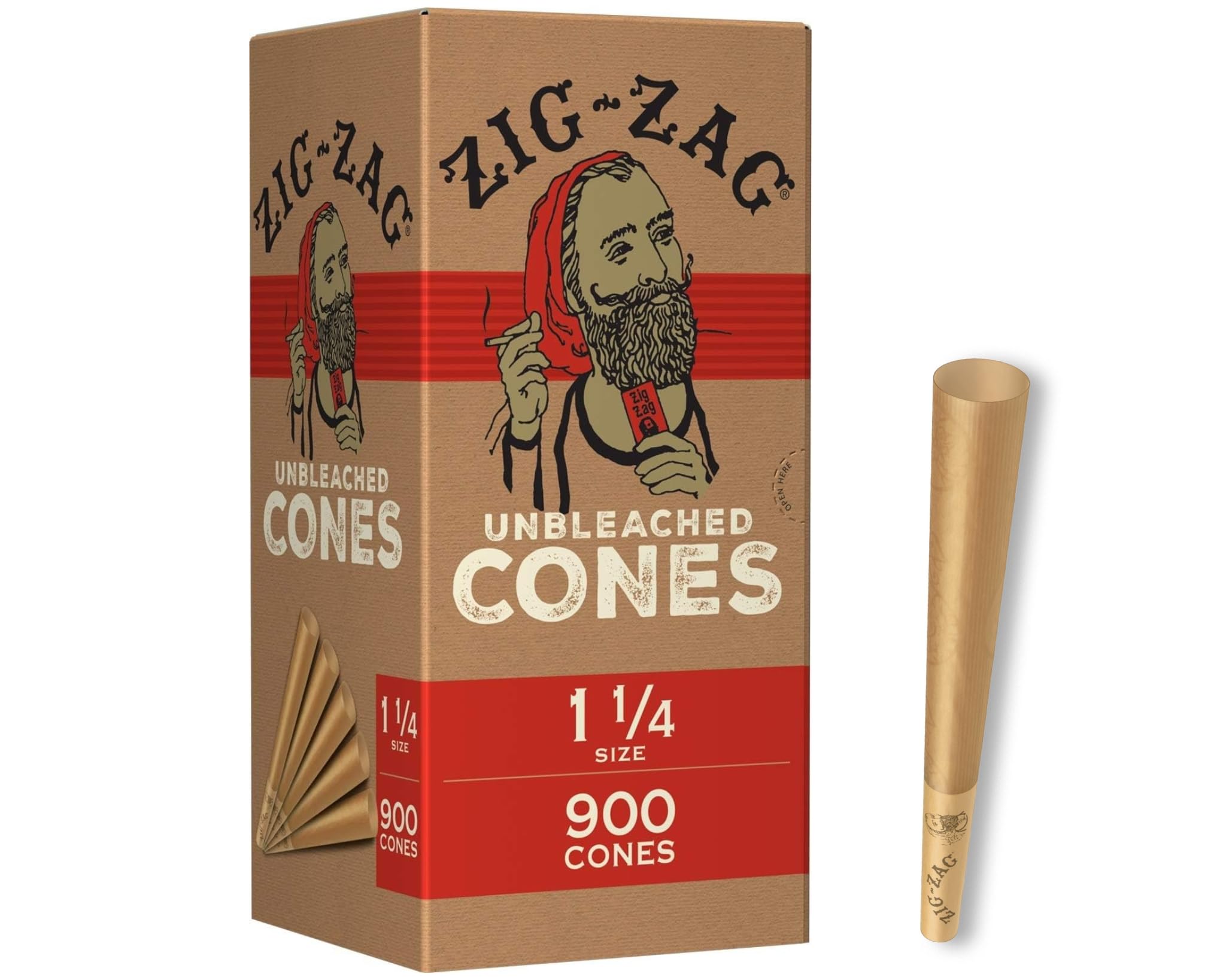ZIG-ZAG Pre Rolled Cones 1 1/4 Size (900 Pack) Unbleached - Slow Burning Pre Rolled Cones with Tips & Packing Tubes Included - Bulk Pack