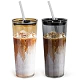 24oz Drinking Glasses Cups Set of 2 Leak Proof Iced Coffee Glass Tumbler with Lid Straw Glassware for Juice Coffee Smoothie Boba Tea(Gray & Amber)