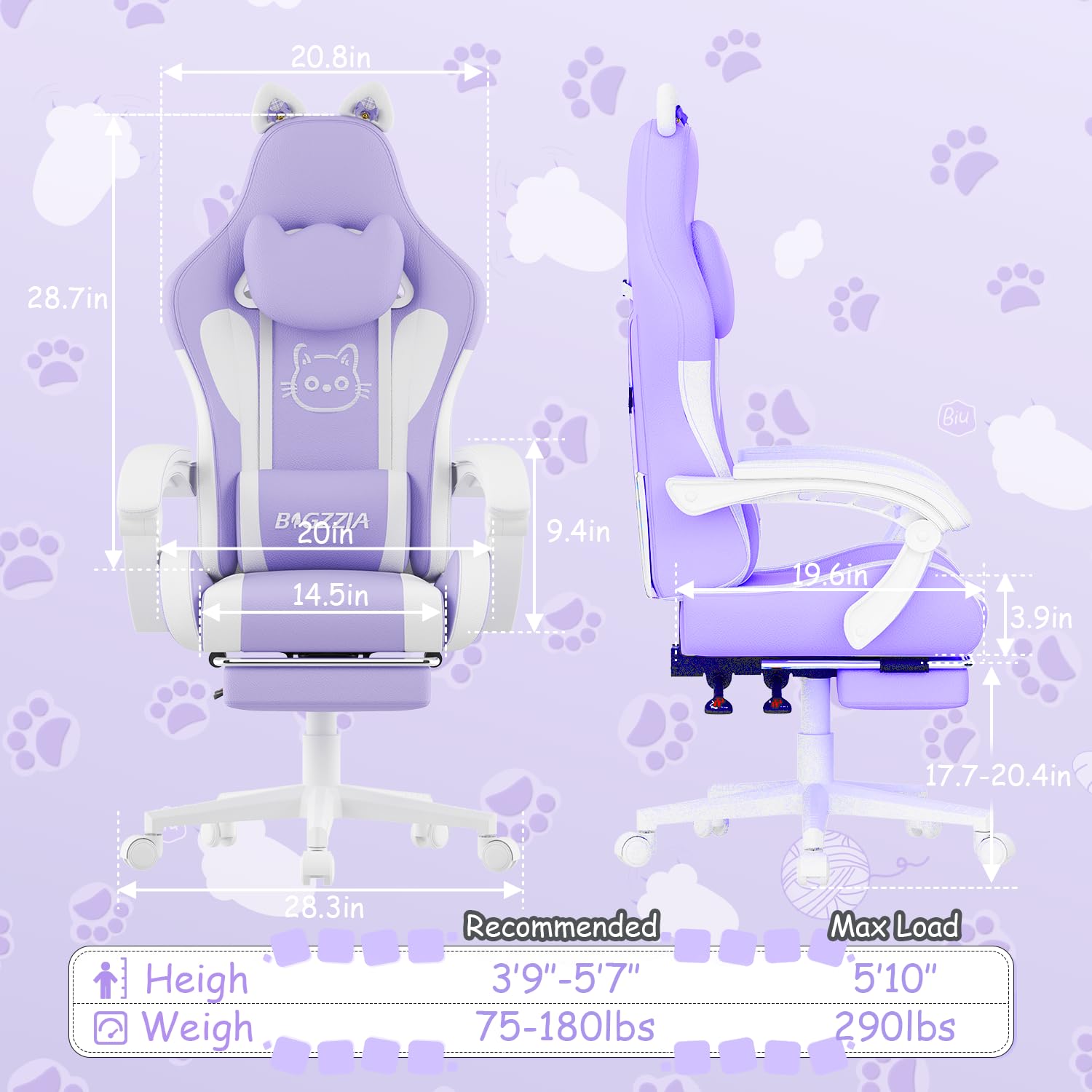 bigzzia Chaise de Gaming Ergonomique avec Oreilles de Chat pour Filles et Adultes, Chaise de Jeu d'ordinateur réglable en Hauteur avec Appui-tête et Support Lombaire de Massage (Violet et Blanc)