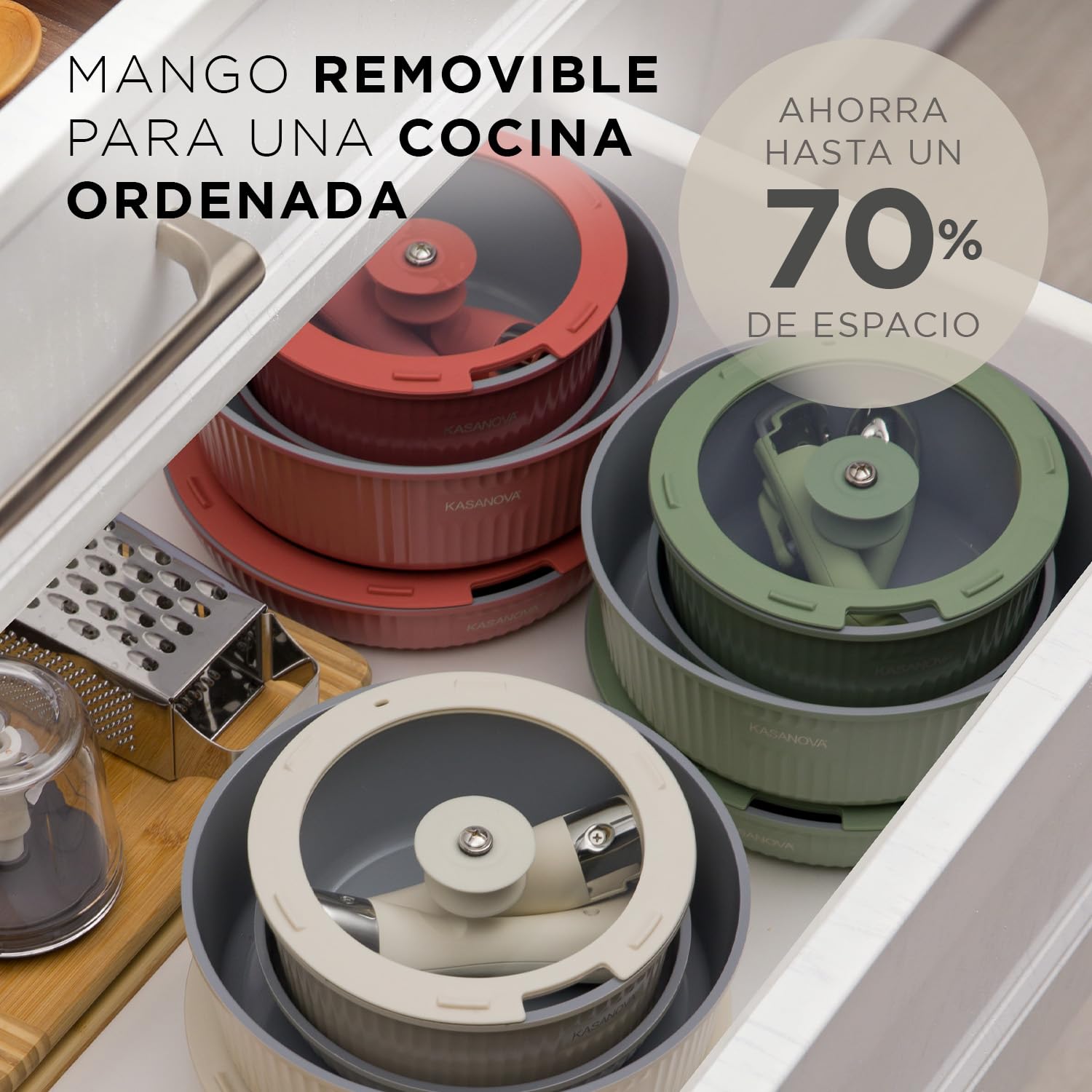 KASANOVA 9 ollas y sartenes con mango desmontable, revestimiento antiadherente de cerámica, juego antiadherente apilable, apto para horno, apto para inducción, sin PTFE, PFAS, PFOA, plomo, cadmio,