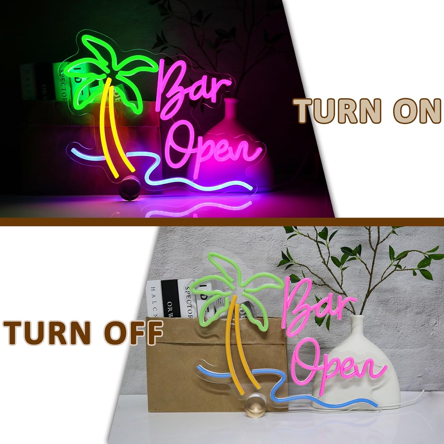Bar Open Sign for Business, Neon Open Sign, USB Dimmable Palm Tree Neon Lights for Beer Bar Coffee Cafe Home Pub Man Cave Stores Hotel Party Window Wall Decor Restaurant - Image 5