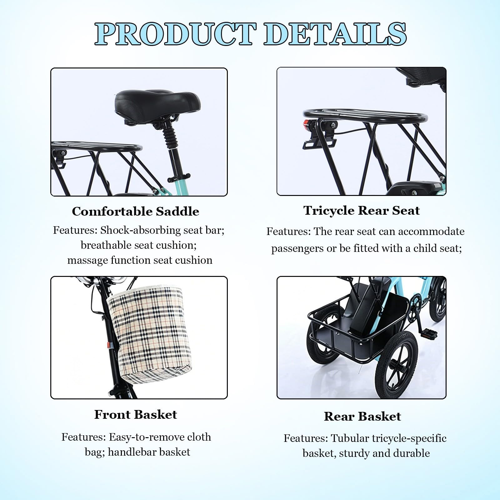 Tricycle électrique Adulte 48V Pliable, vélo Cargo, Batterie Amovible, Freins à Disque Doubles, Suspension, Panier Avant, Porte-Bagages arrière, Bleu